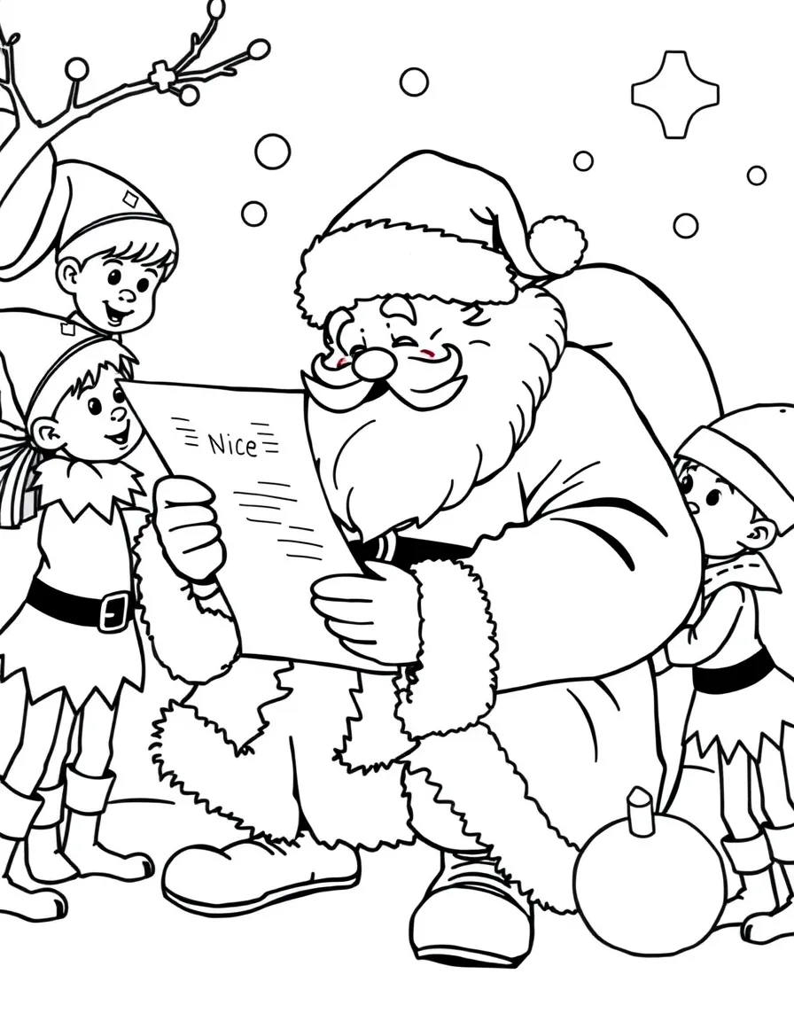 Santa checking his naughty and nice list, surrounded by elves.  