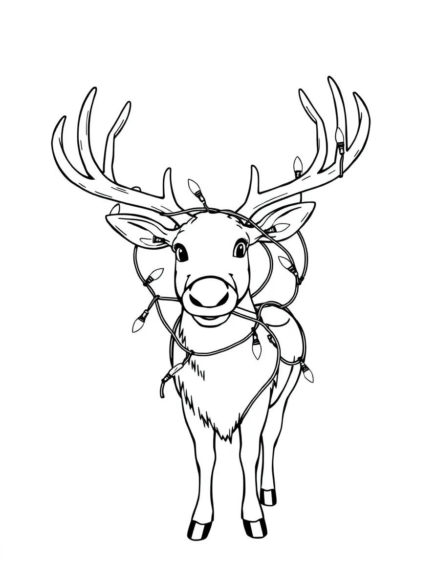 A reindeer with Christmas lights tangled in its antlers.  