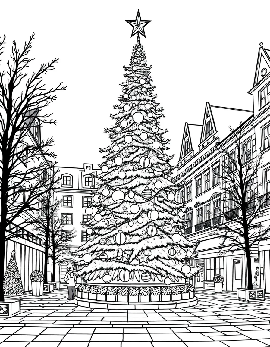 A large Christmas tree in a town square, covered in twinkling lights and ornaments.  
