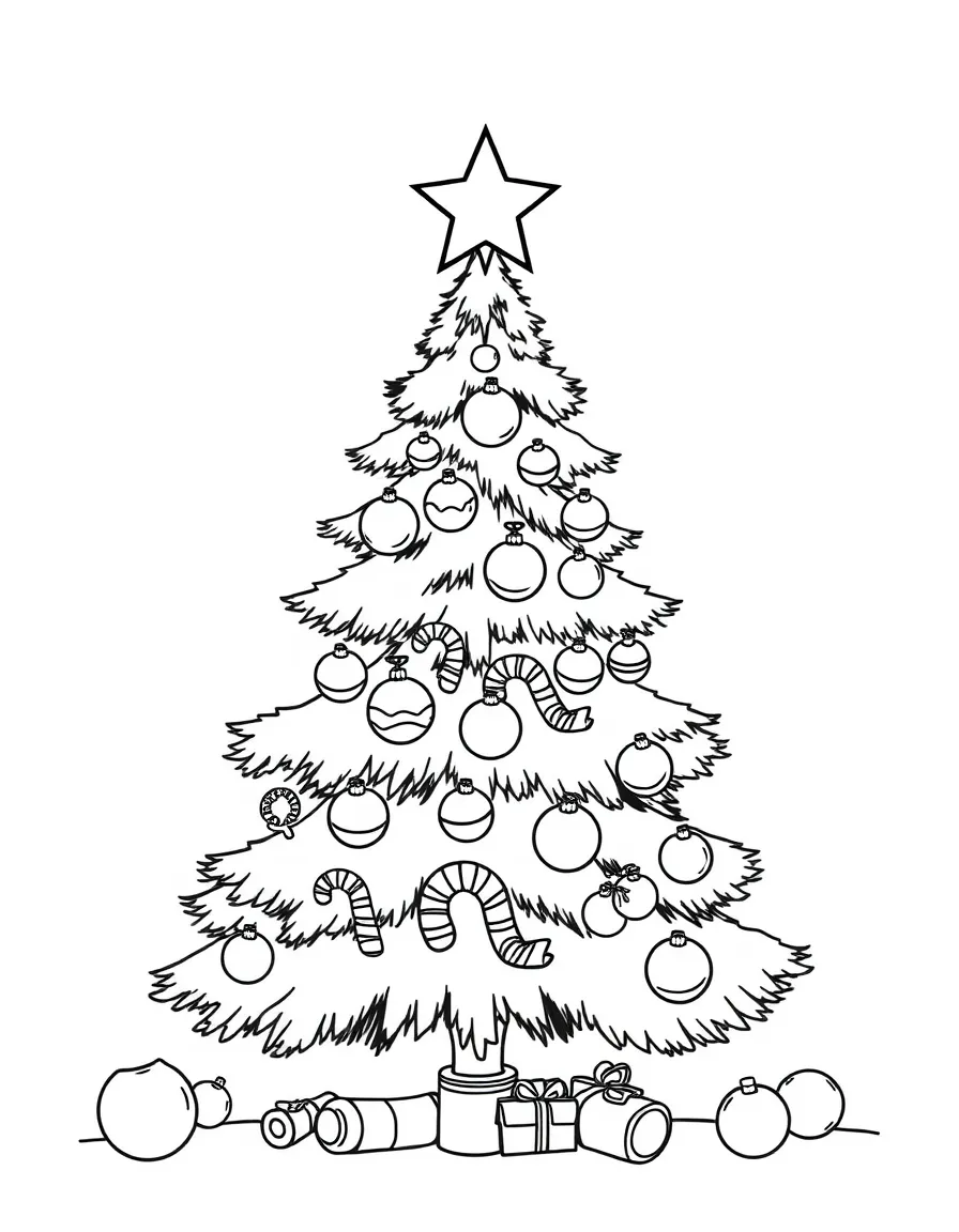 A Christmas tree decorated with candy canes, baubles, and a shining star on top.  