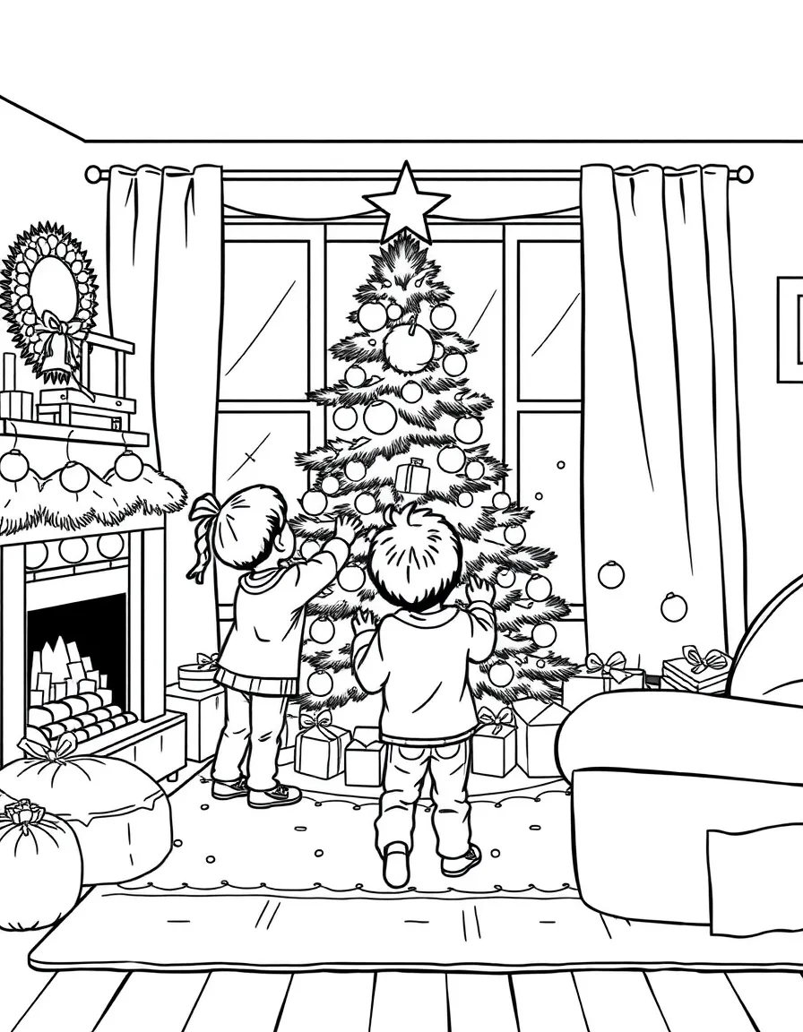 Children decorating a Christmas tree in their cozy living room.  