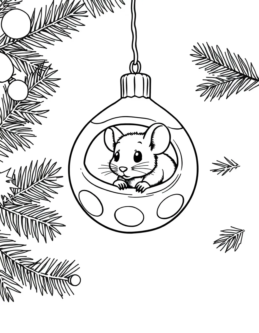 A tiny mouse peeking out from inside a Christmas tree ornament.  