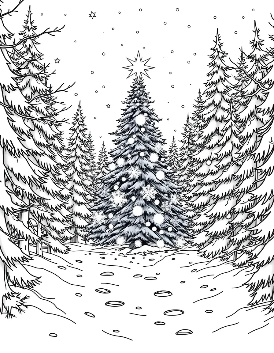 A magical Christmas tree in a snowy forest, glowing with fairy lights.  
