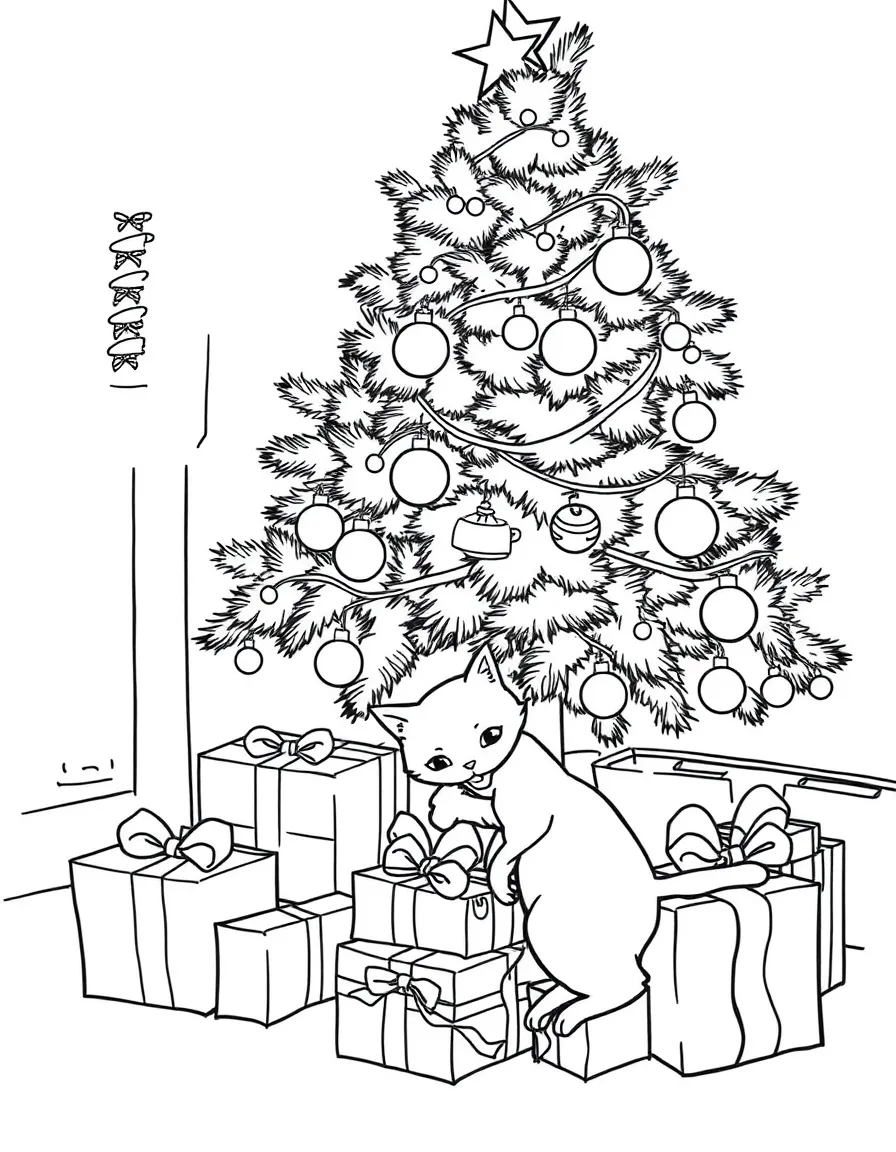 A decorated Christmas tree with presents underneath, with a cat curiously playing with the ribbons.  