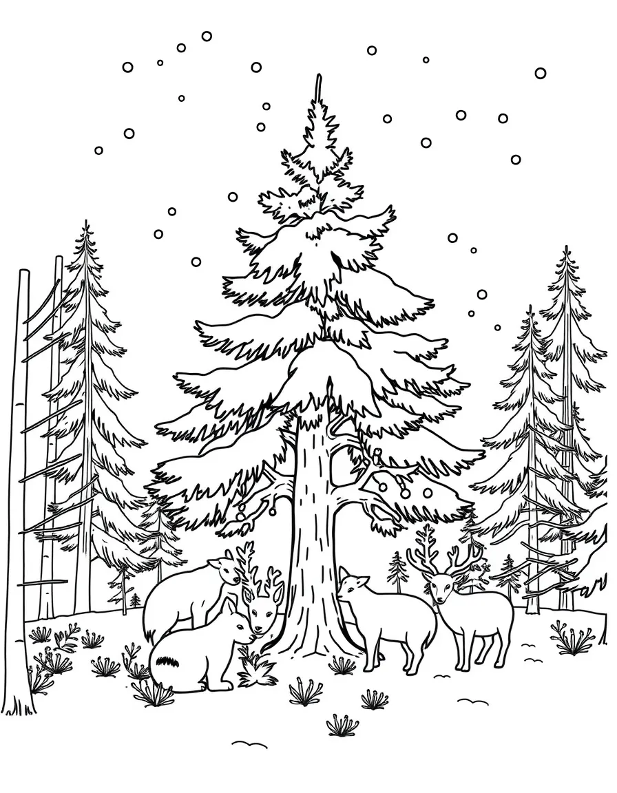 A snow-covered pine tree with woodland animals gathered around.  