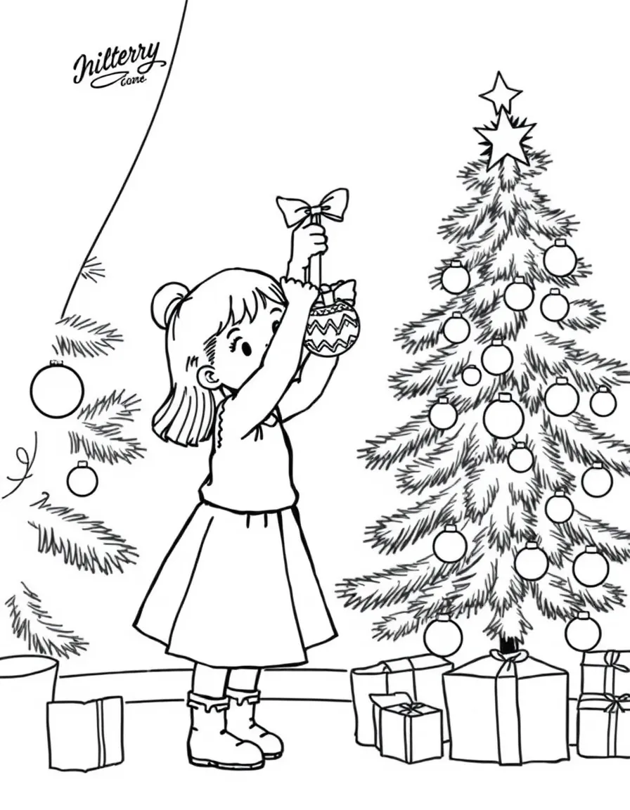 A girl hanging a special homemade ornament on a Christmas tree.  