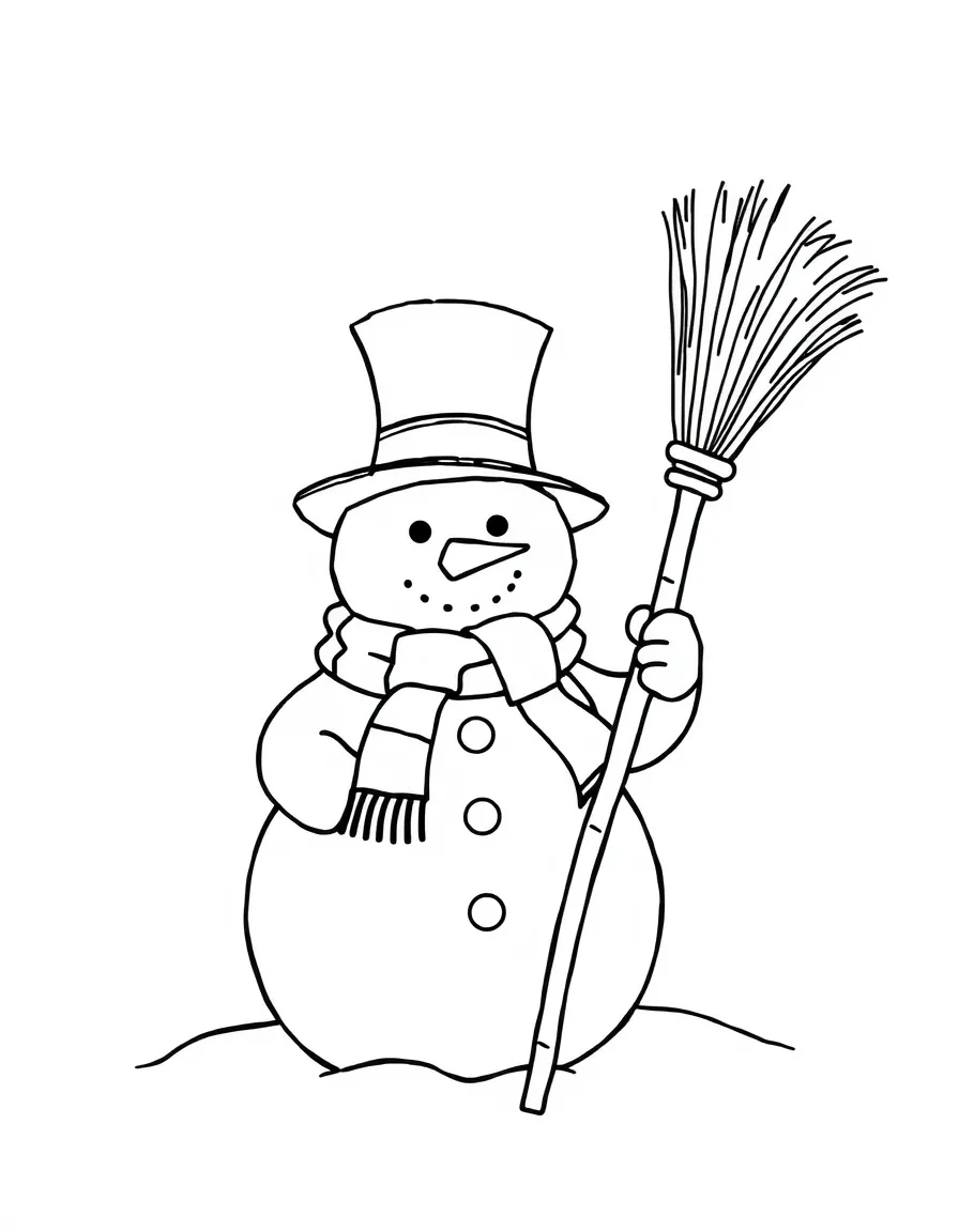 A snowman wearing a top hat and scarf, holding a broomstick.  
