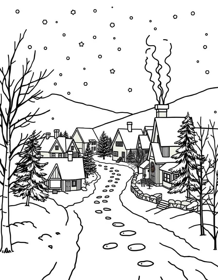 A cozy winter village covered in snow, with smoke coming from the chimneys.  