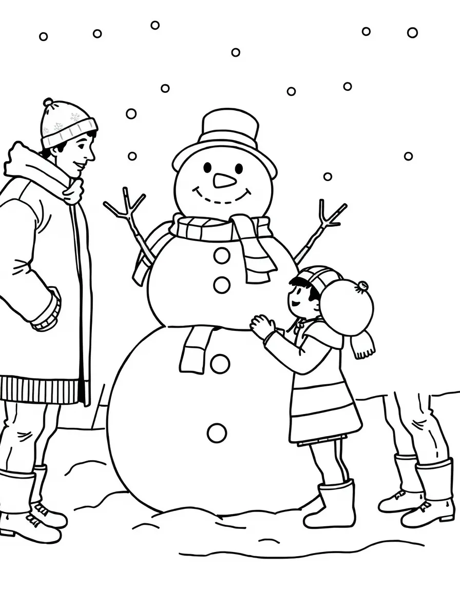 A family building a giant snowman together.  