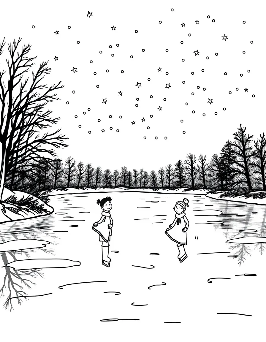 Ice skaters gliding across a frozen pond under twinkling lights.  