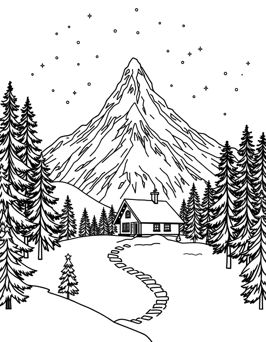 A majestic snowy mountain with a tiny Christmas cabin at its base.  