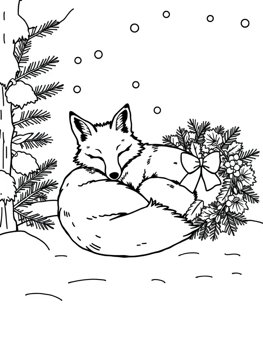 A fox curled up in the snow next to a Christmas wreath.  