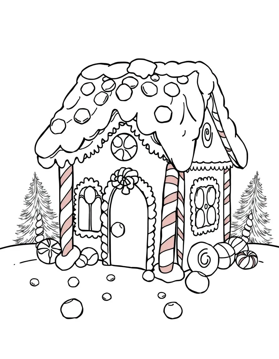 A gingerbread house covered in candy canes, gumdrops, and frosting.  