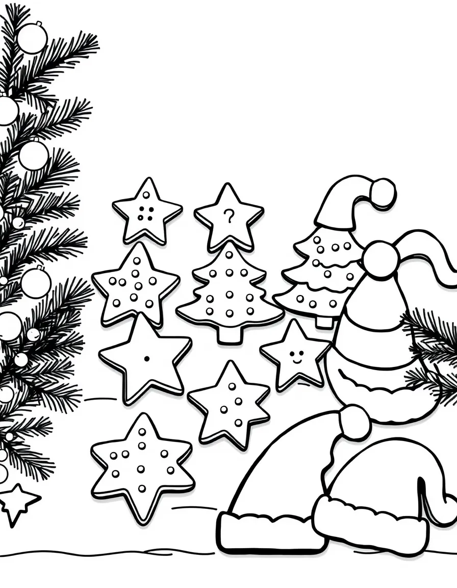 A table full of Christmas cookies shaped like stars, trees, and Santa hats.  