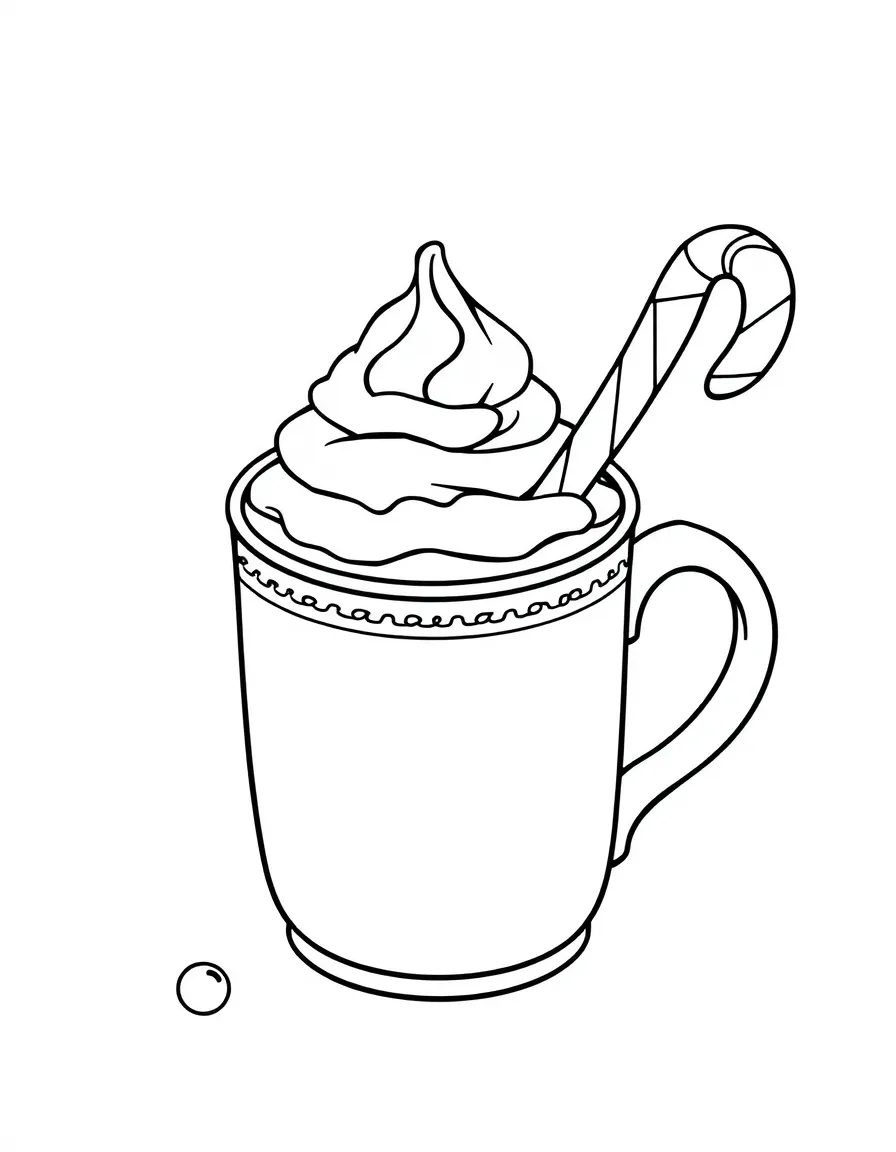 A mug of hot cocoa with whipped cream and a candy cane stirrer.  