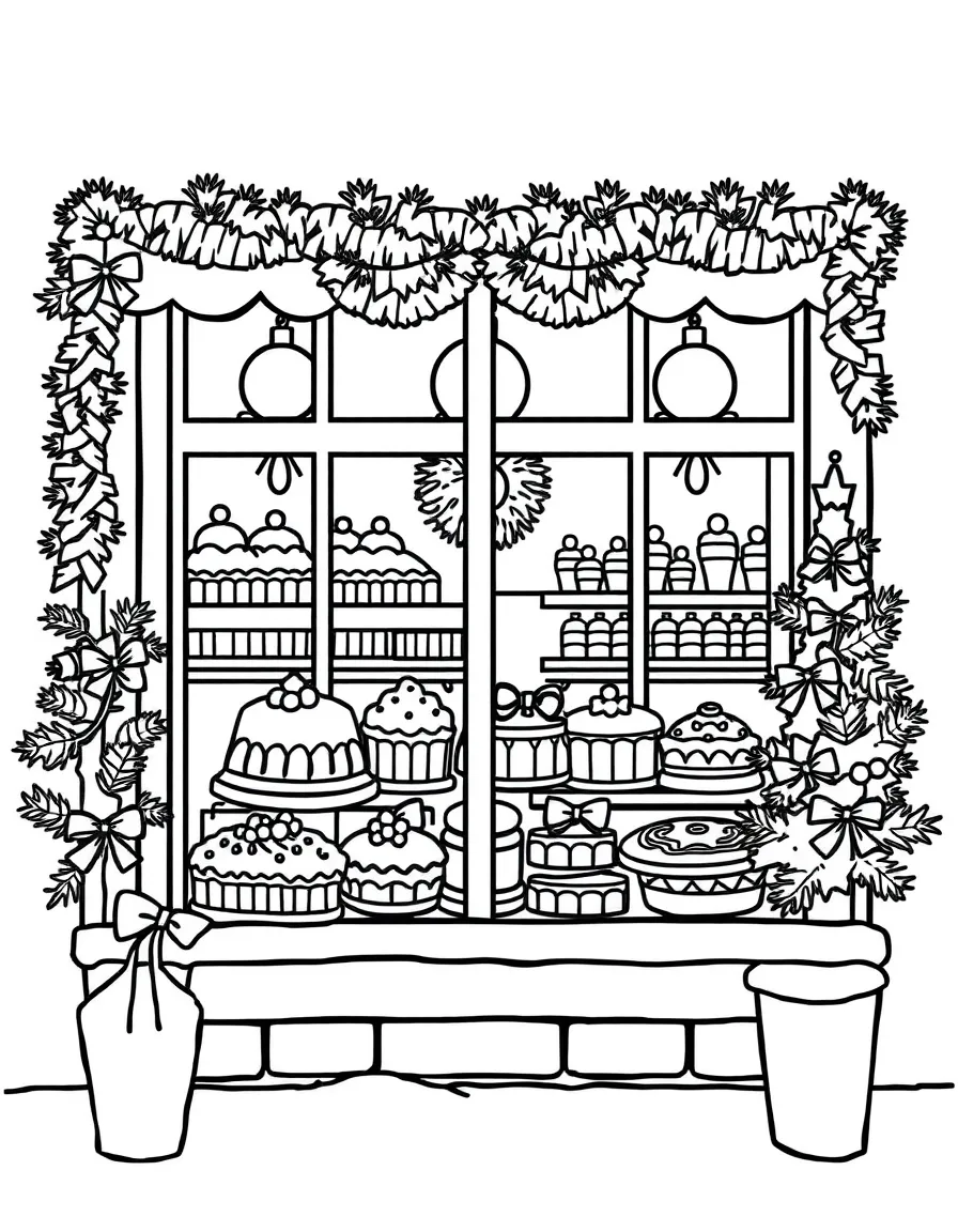 A Christmas bakery with cakes, cookies, and pastries in the window.  