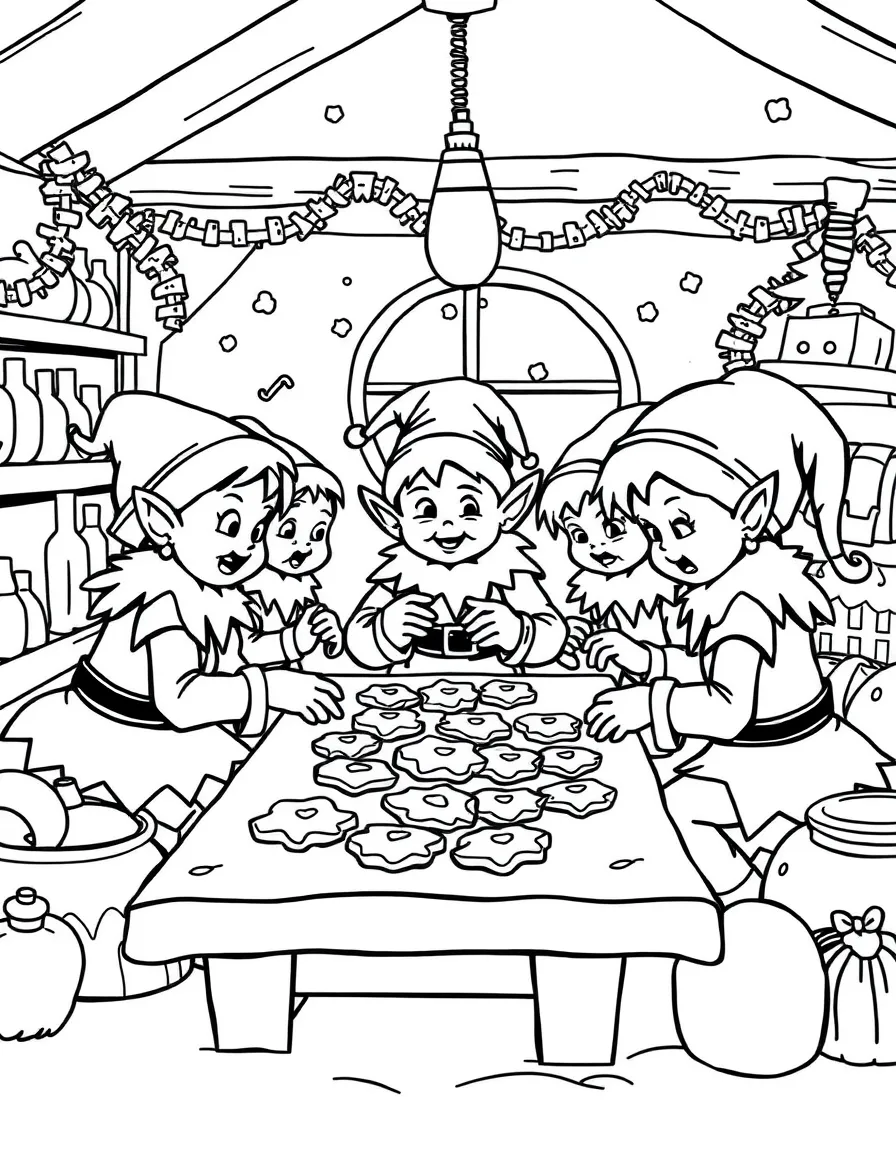 A group of elves baking Christmas cookies in Santa’s workshop.  