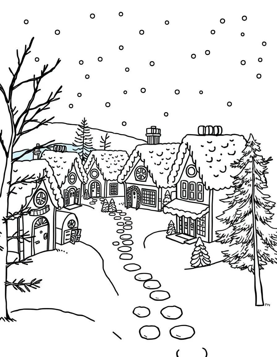 A gingerbread village covered in snow, with tiny candy houses.  