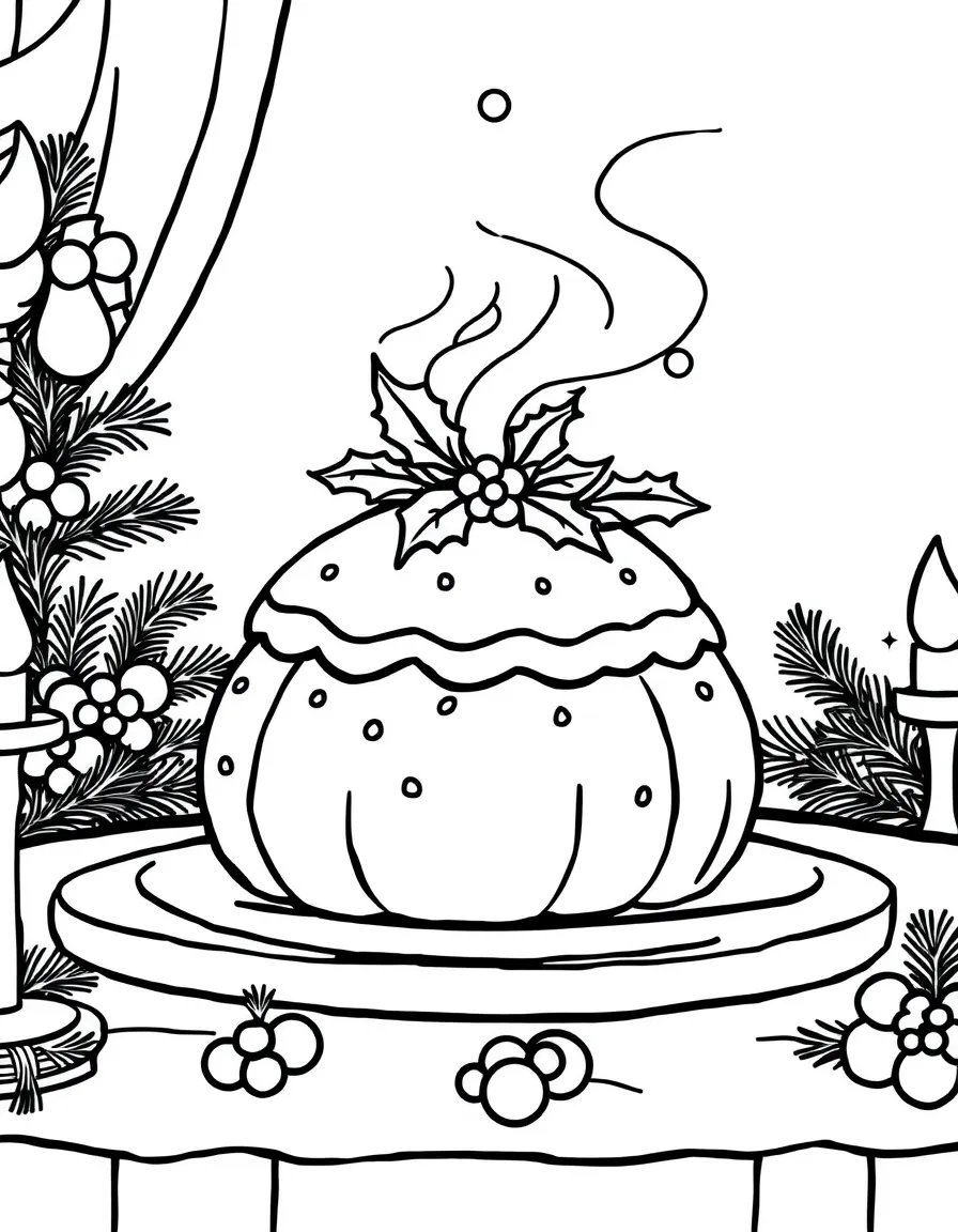 A Christmas pudding with holly on top, steaming on a festive table.  