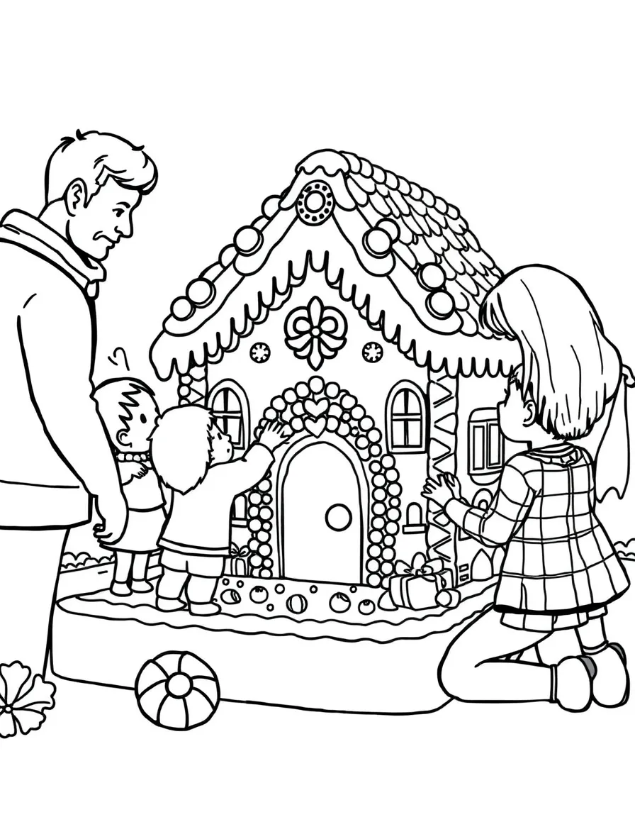 A family decorating a giant gingerbread house together.  