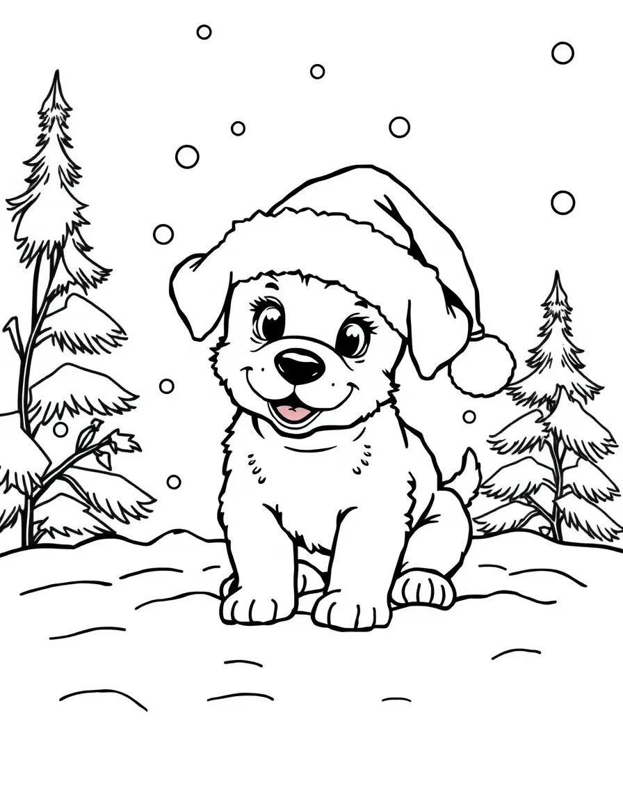 A puppy wearing a Santa hat playing in the snow.  