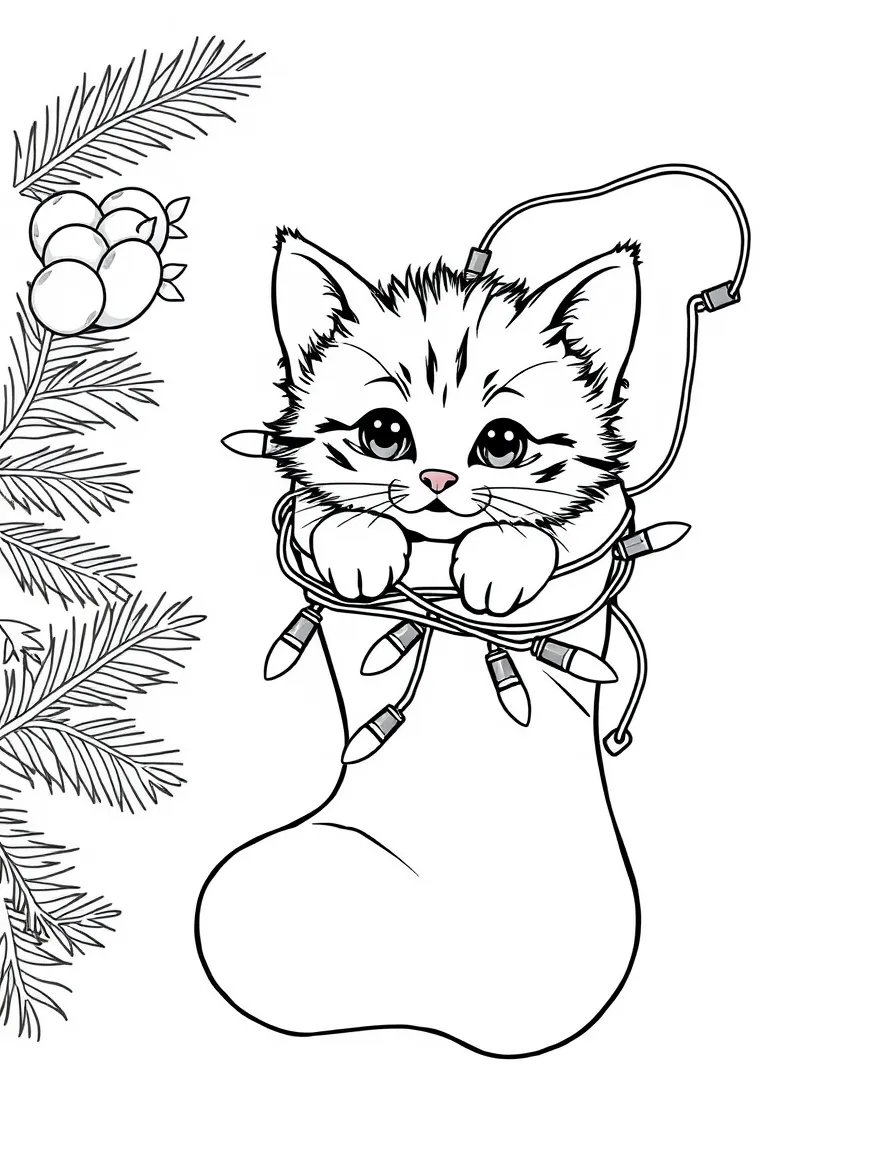 A kitten tangled in Christmas lights inside a stocking.  