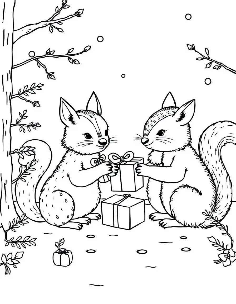 A group of woodland animals exchanging tiny Christmas gifts.  