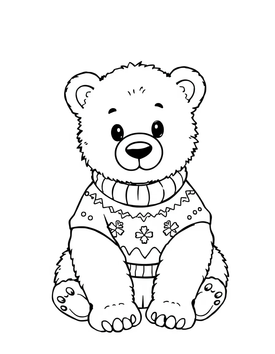 A polar bear cub wearing a Christmas sweater.  