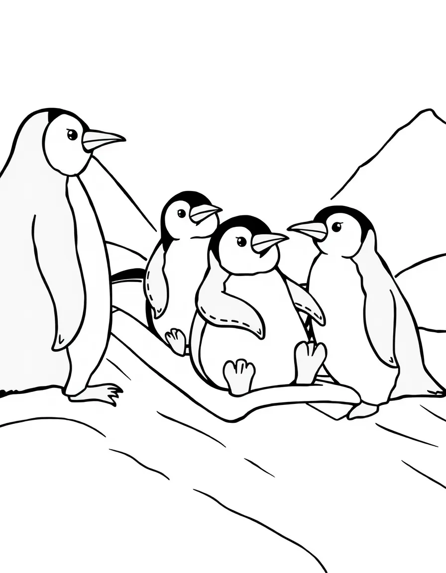 A group of penguins sledding down an icy hill.  