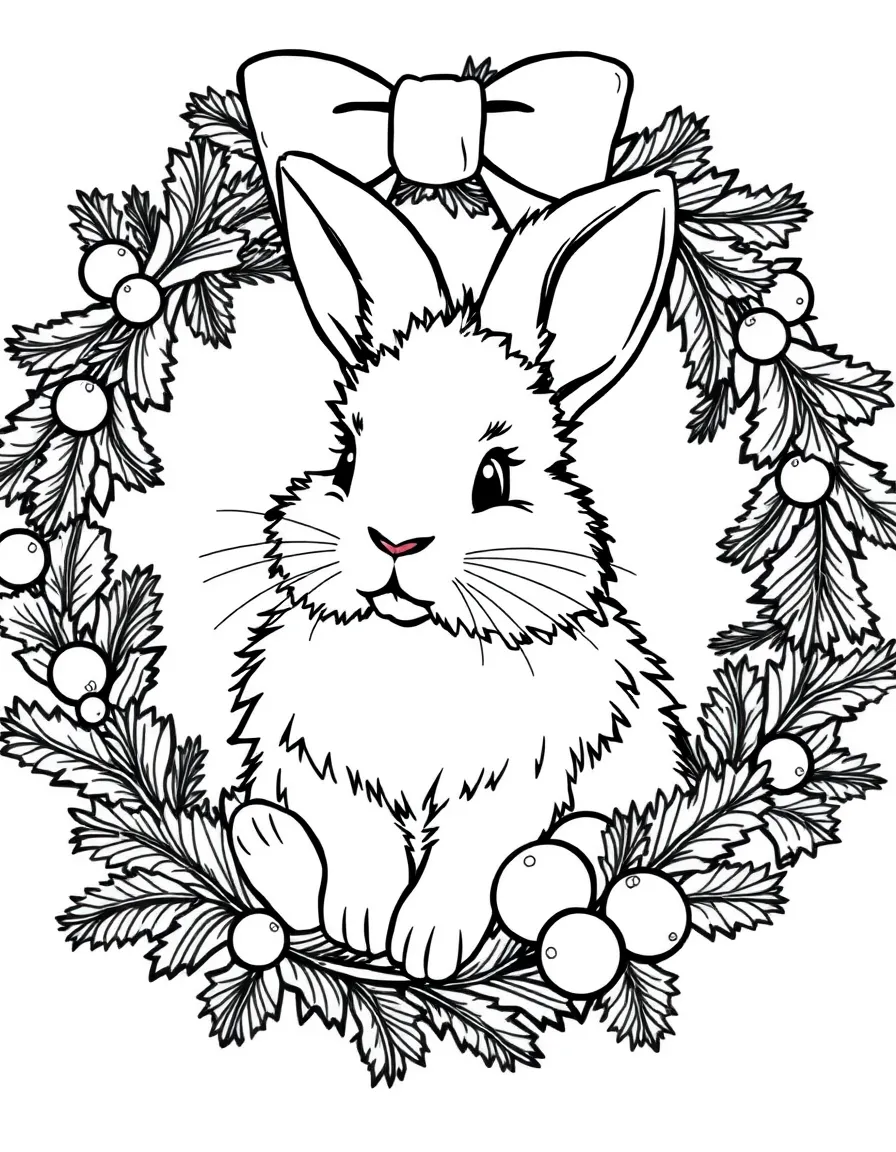 A fluffy white rabbit sitting inside a Christmas wreath.  