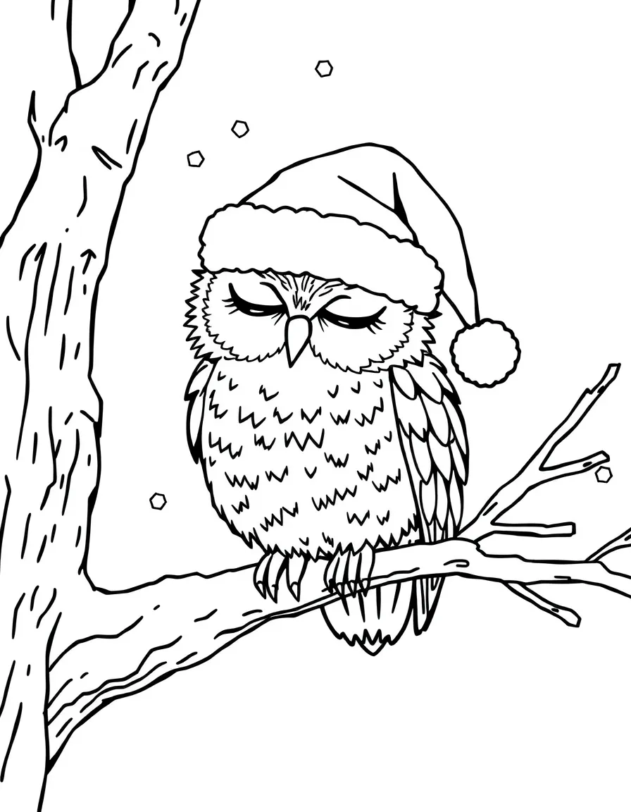 A sleepy owl wearing a Santa hat, perched on a snowy tree branch.  