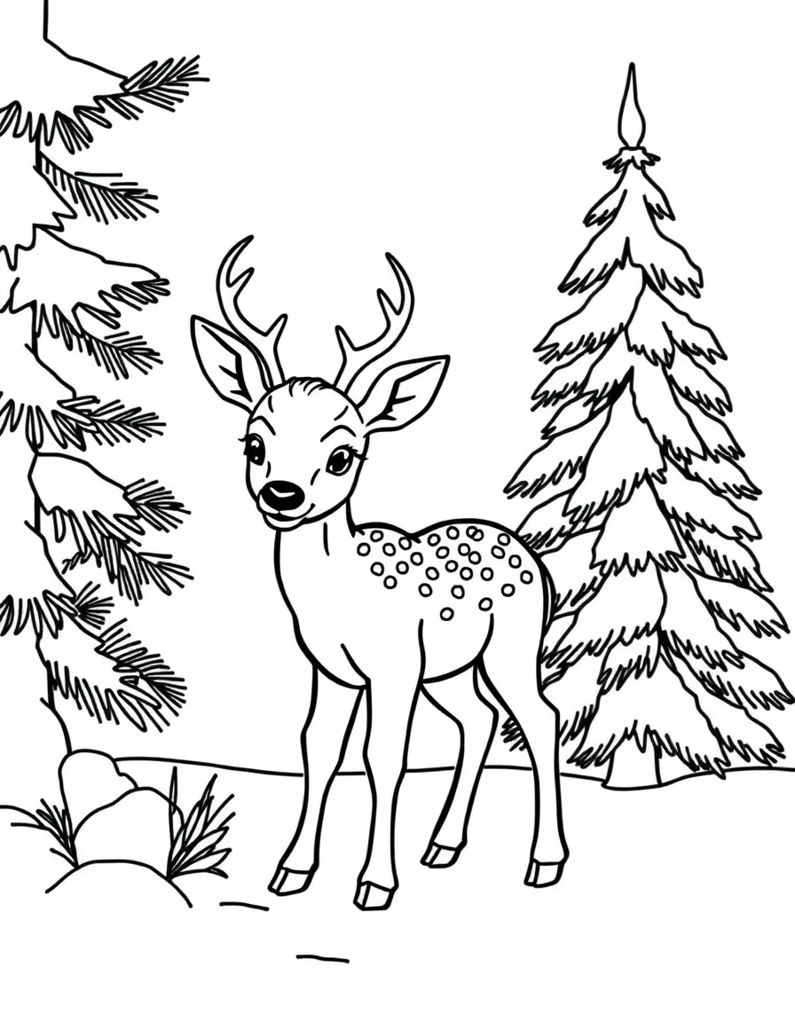 A baby deer standing beside a snow-covered pine tree.  
