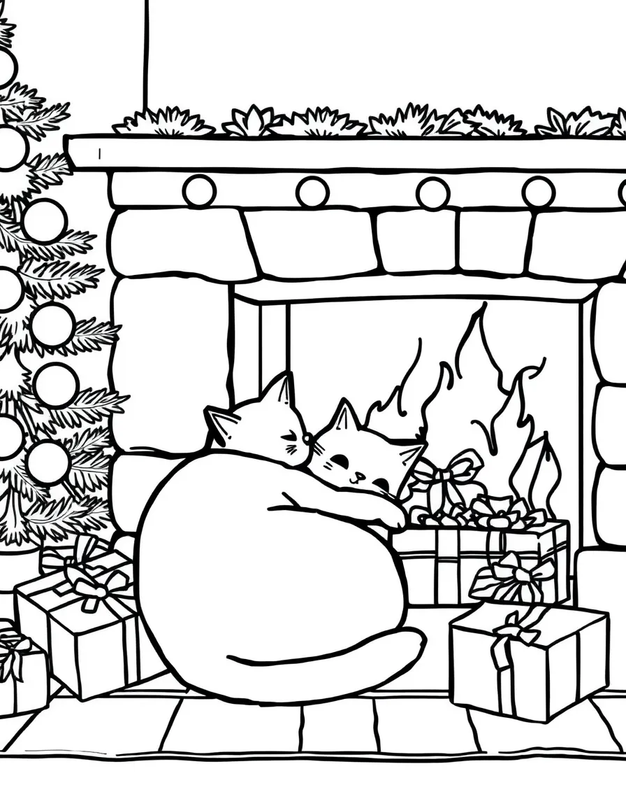 A cat curled up by a fireplace next to Christmas presents.  