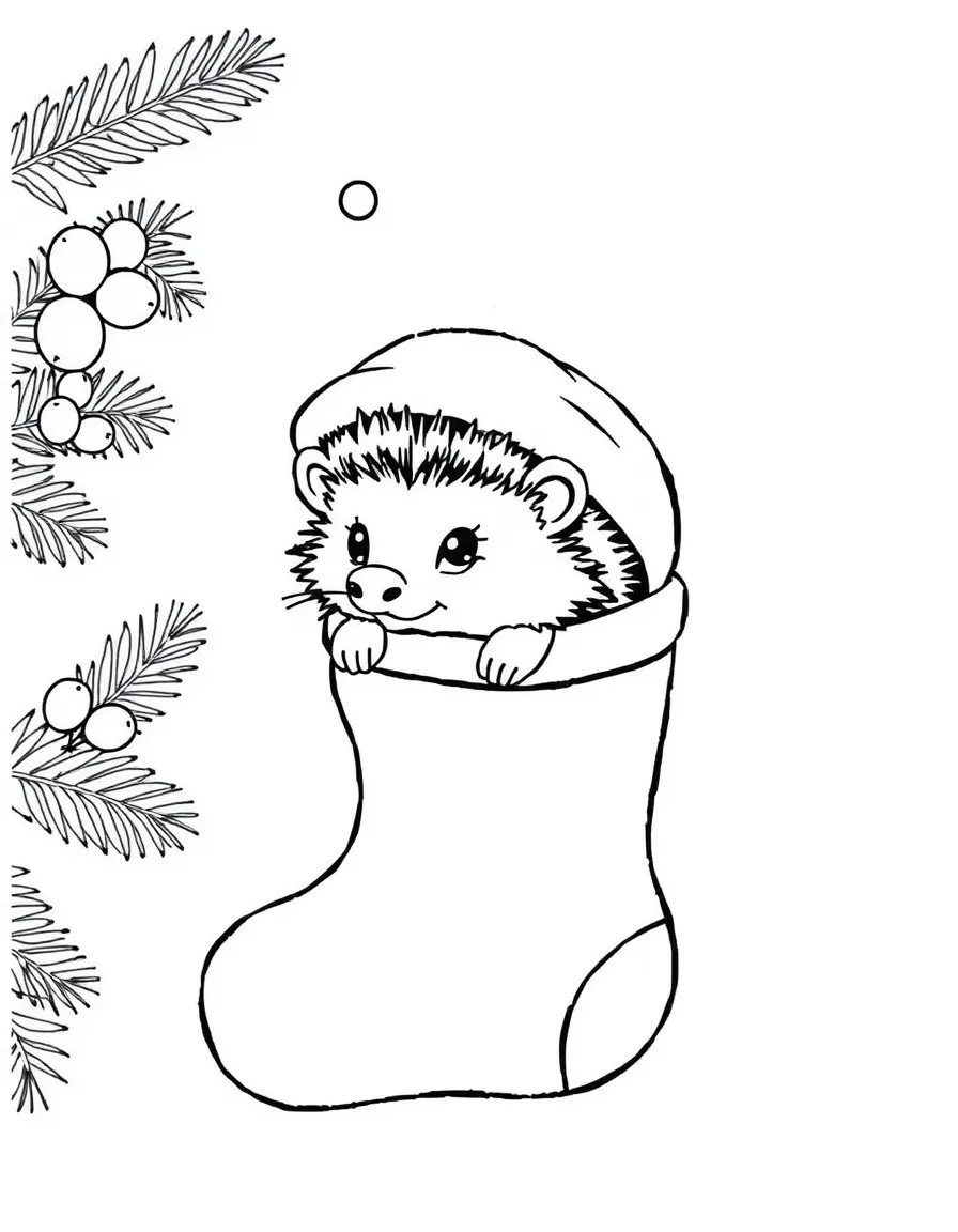 A hedgehog peeking out of a Christmas stocking.  