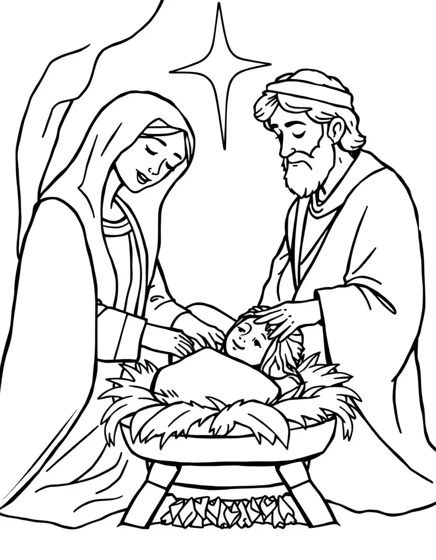 Mary and Joseph looking lovingly at baby Jesus in a manger.  