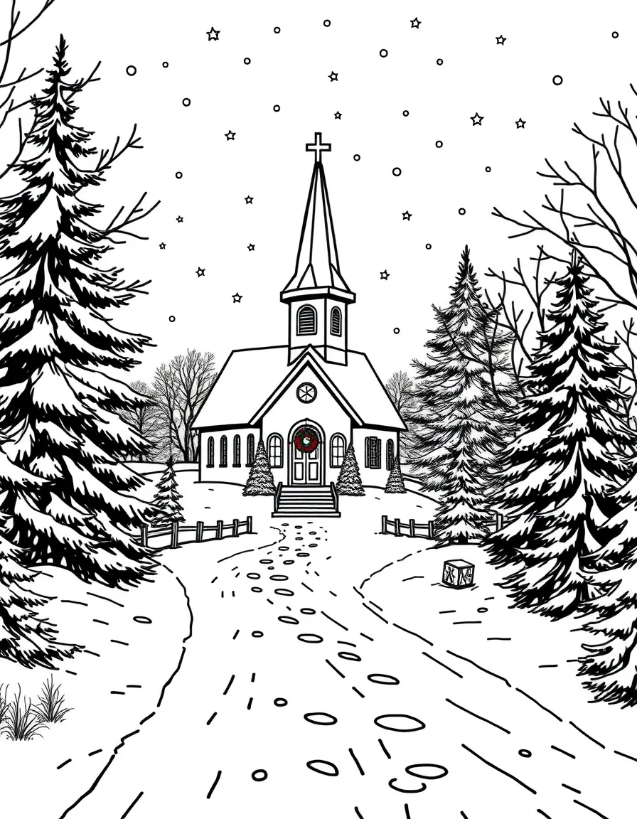 A peaceful countryside church covered in snow on Christmas Eve.  