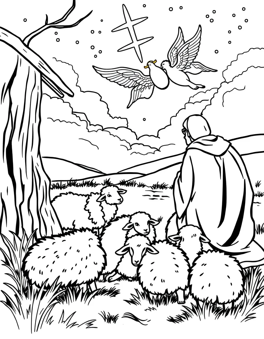 Shepherds watching their sheep as angels appear in the sky.  