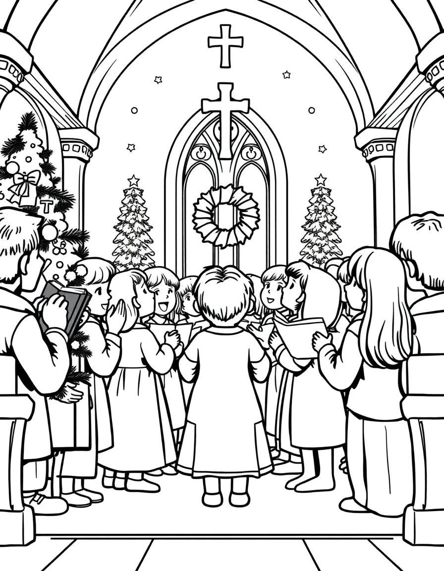 A choir of children singing Christmas carols in a church.  