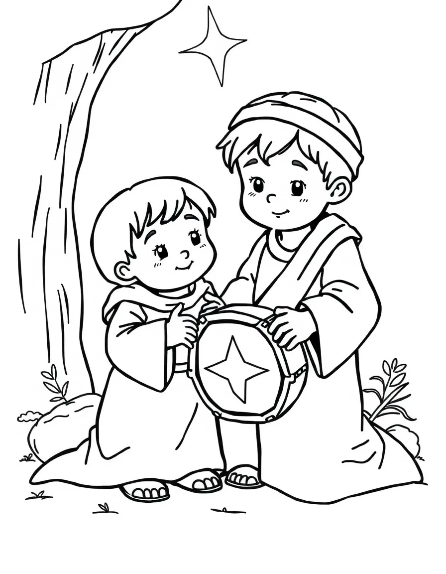 A little drummer boy playing his drum next to the baby Jesus.  