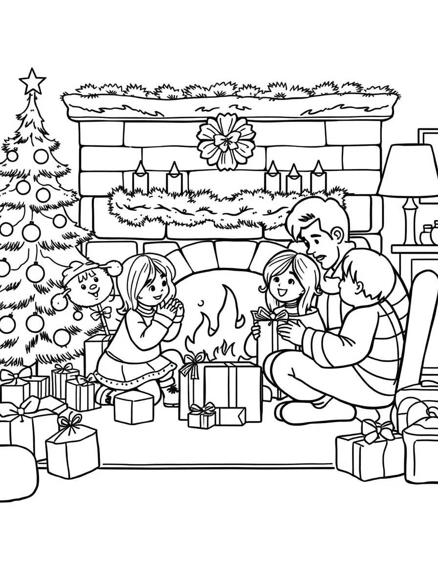 A family gathered around a fireplace, opening presents on Christmas morning.  