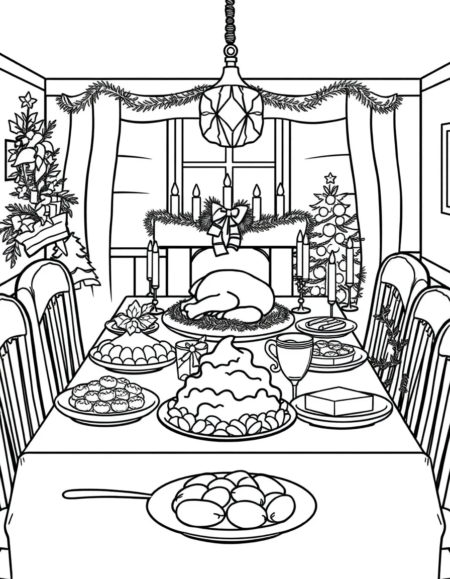 A cozy Christmas dinner table filled with turkey, mashed potatoes, and festive desserts.  