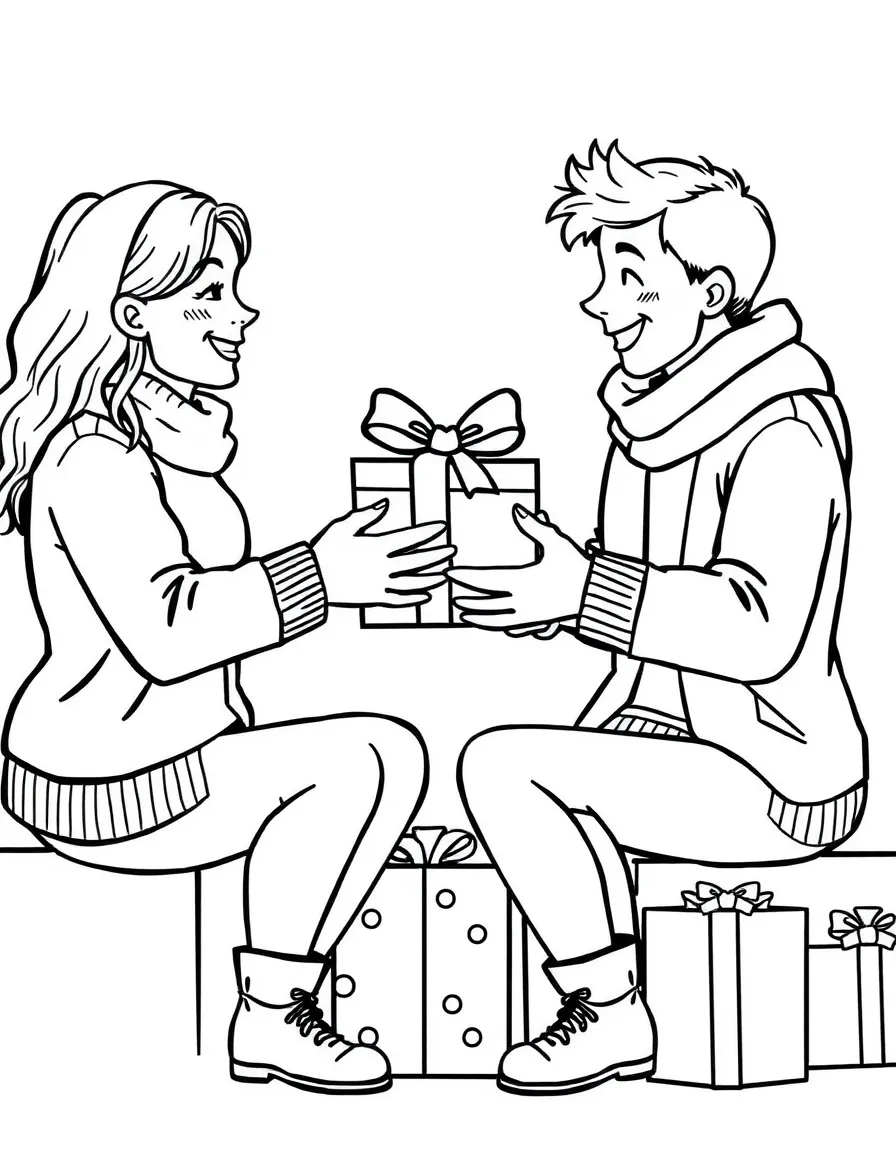 Friends exchanging Christmas gifts, wrapped in festive paper and bows.  