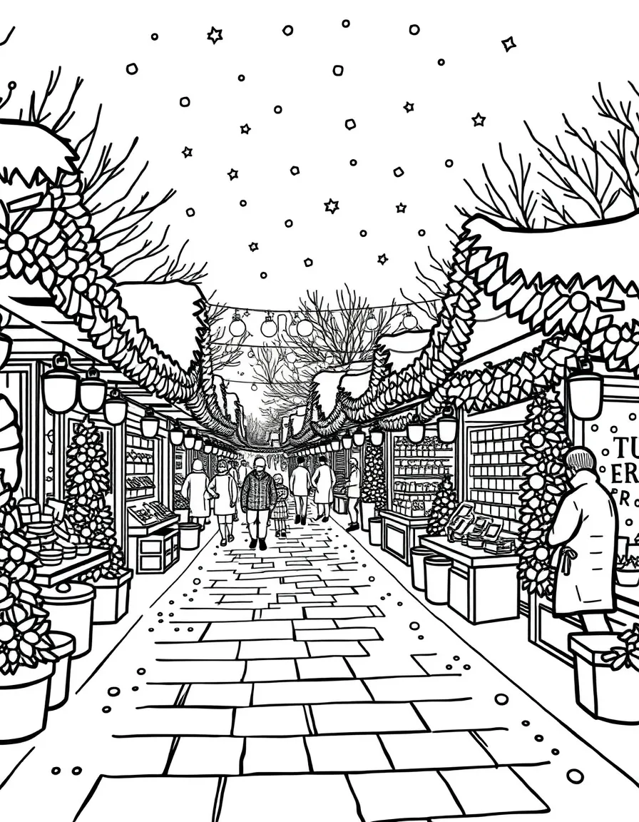 A Christmas market filled with holiday stalls and twinkling lights.  