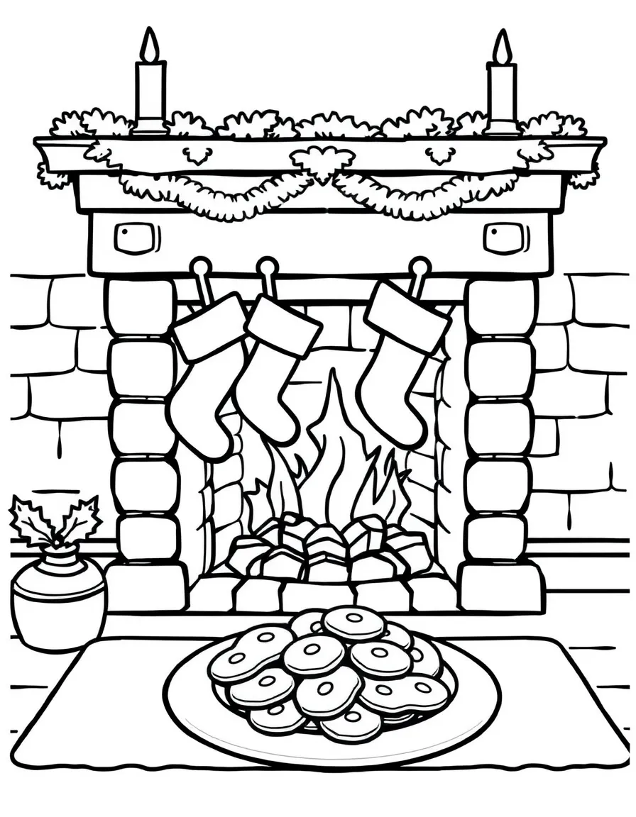 A fireplace with stockings hanging and a plate of cookies for Santa.  