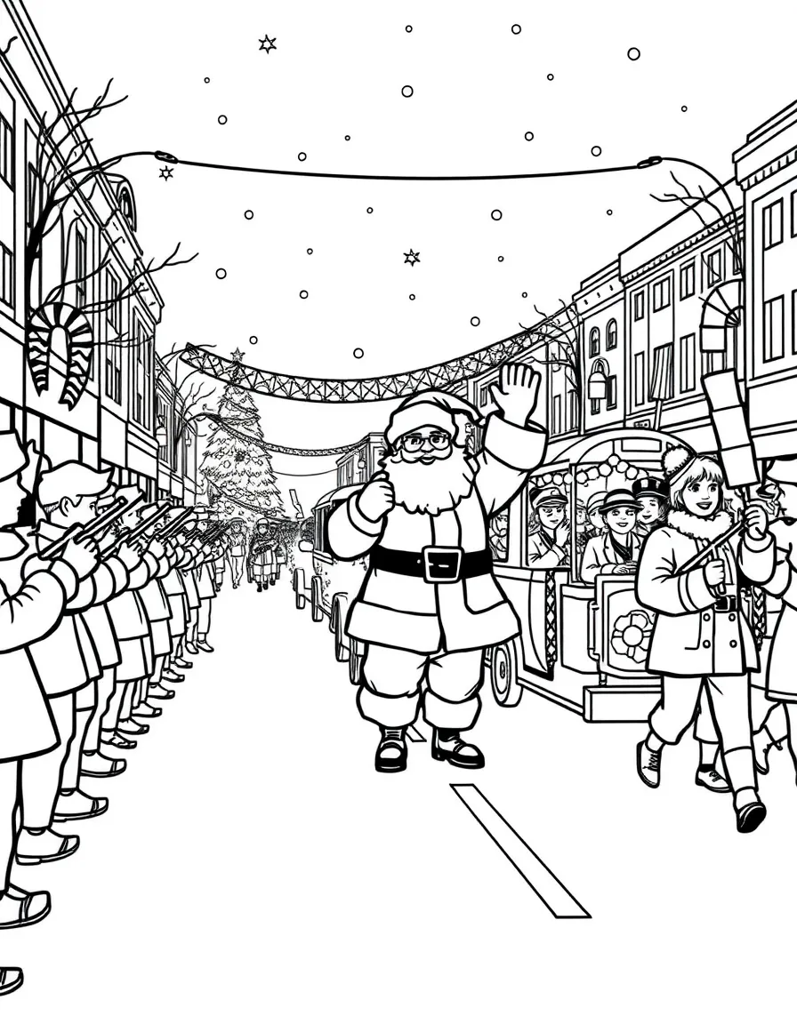 A Christmas parade with floats, marching bands, and Santa waving.  