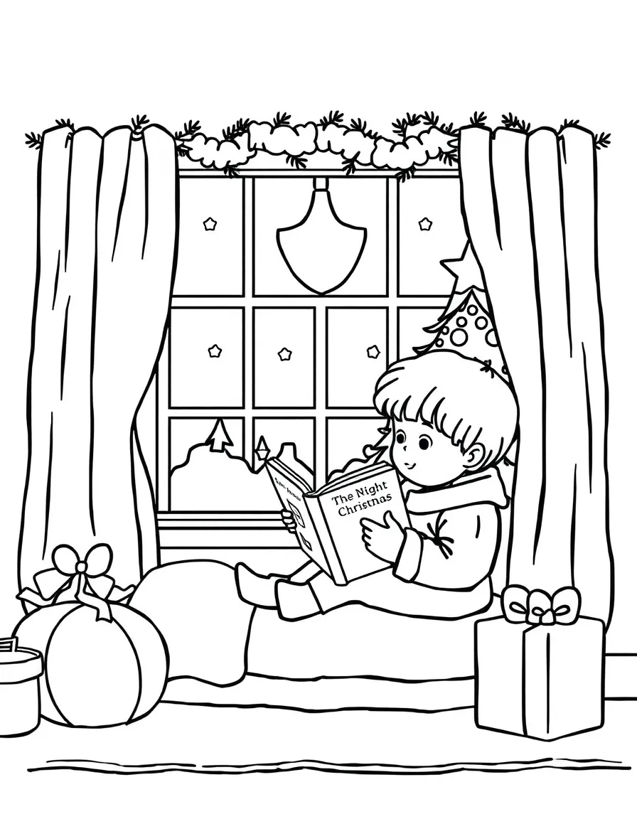 A cozy reading nook with a child reading “The Night Before Christmas.”  