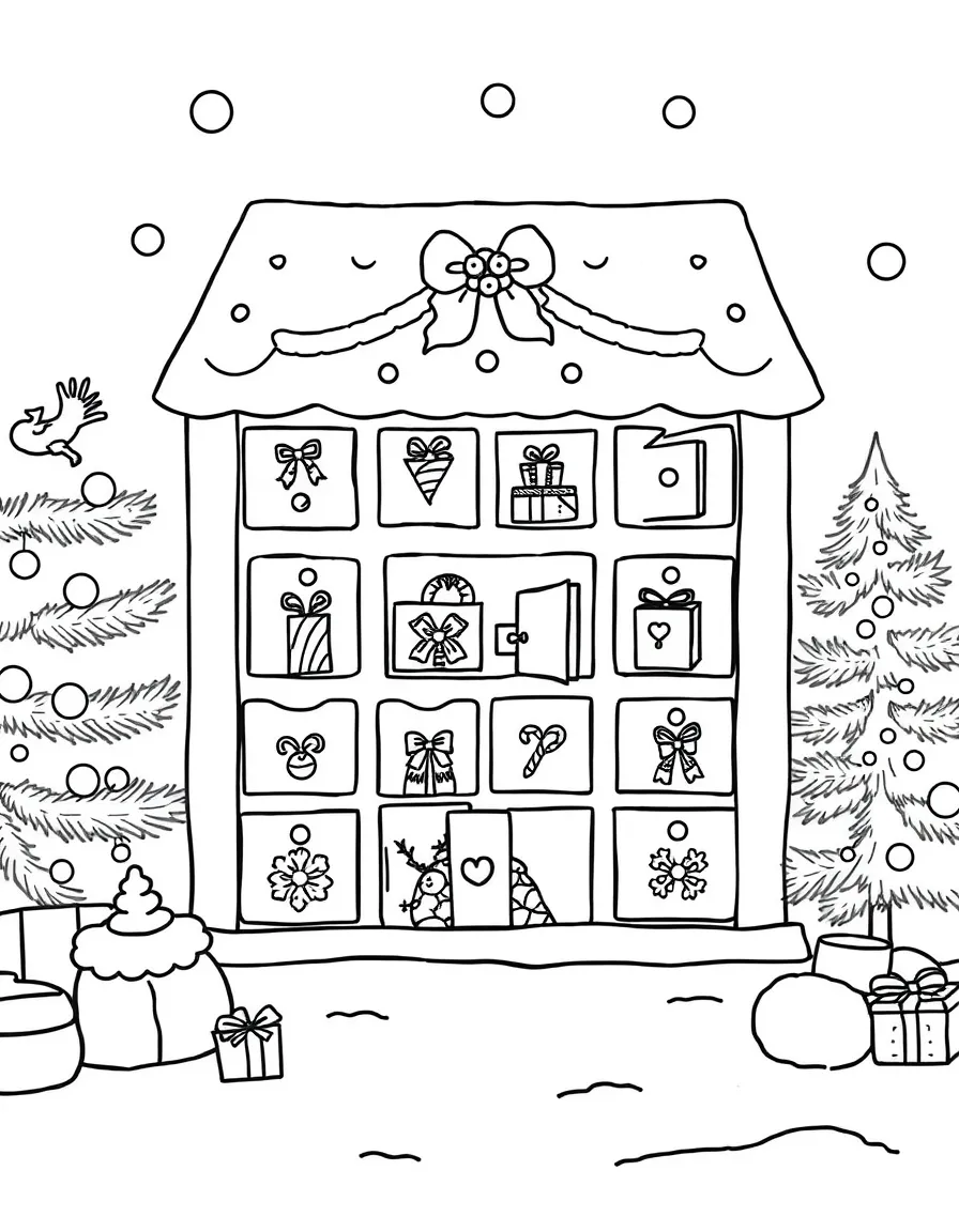 A Christmas advent calendar with small doors revealing holiday surprises.  