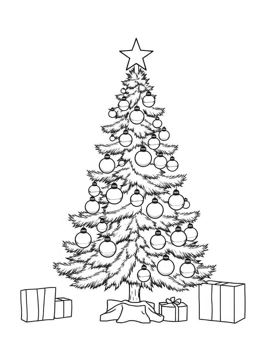 A Christmas tree decorated with floating, glowing ornaments.  