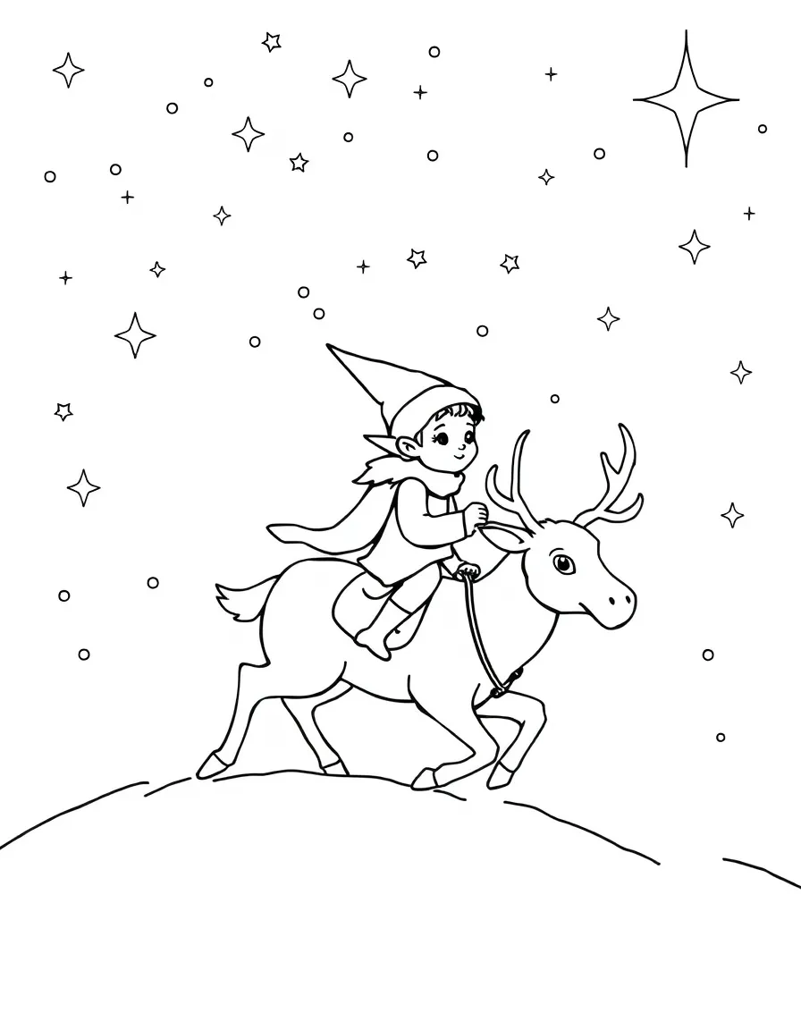 A tiny elf riding a reindeer through the starry sky.  