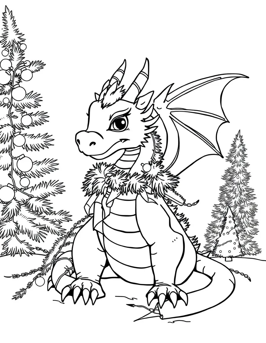 A Christmas dragon wrapped in tinsel and lights.  